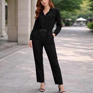 Enza Costa Black Utility Jumpsuit Medium | Minimalist Drawstring Waist One Piece
